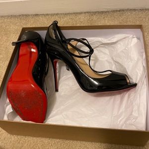 Christian Louboutins Talitha black patent bling back peep toe heels